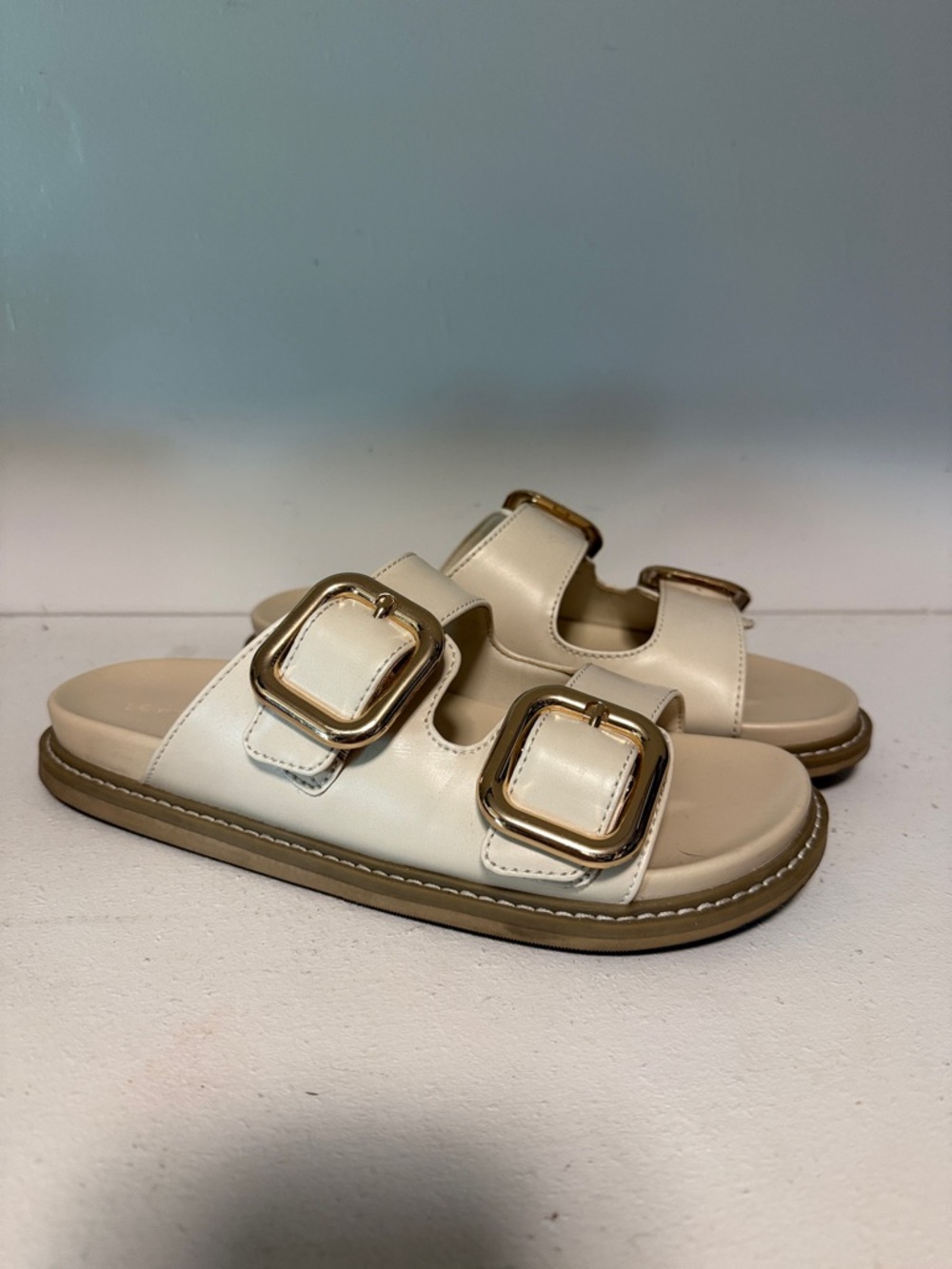 Universal Thread Cream Slide Sandals with Gold Buckles